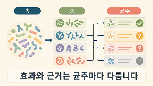 프로바이오틱스가 속·종·균주 단위로 갈라지고 같은 속이라도 균주에 따라 효과가 다름을 보여주는 개념도